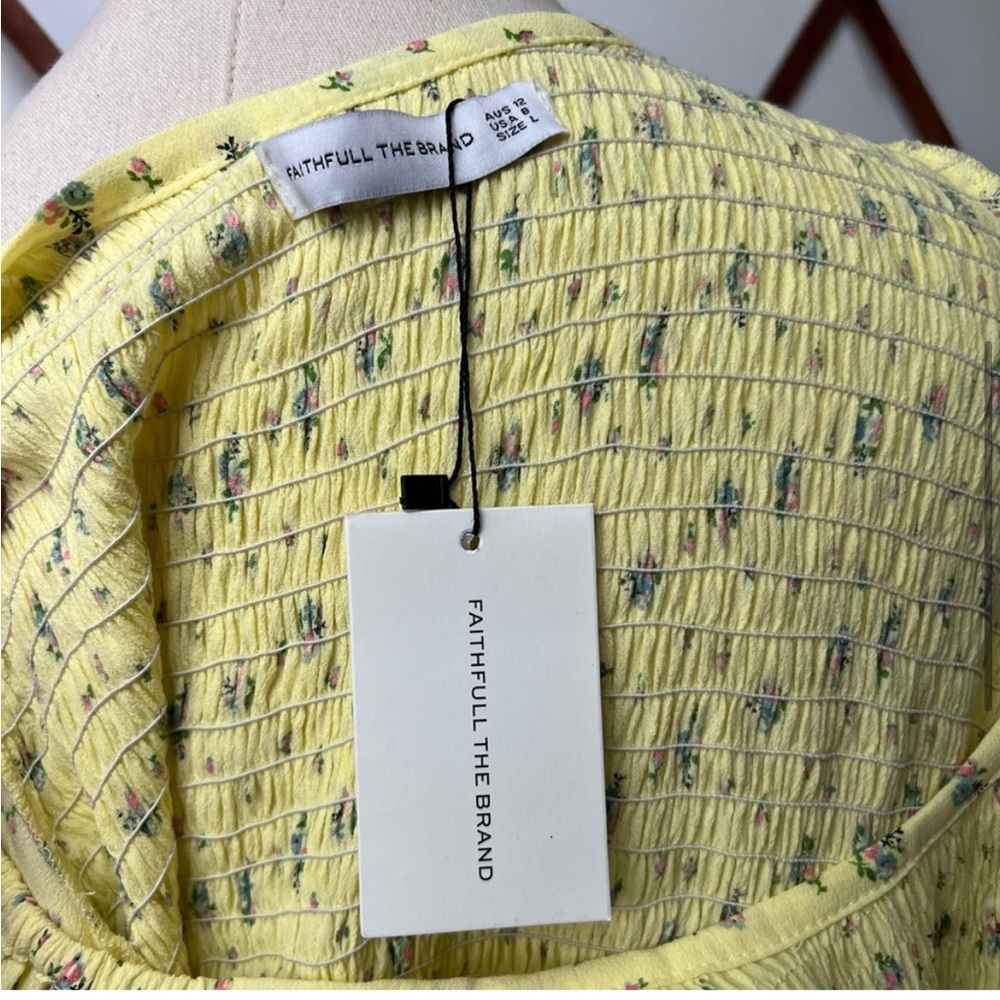 Faithfull The Brand Yellow Floral Smocked Puff Sleeve Fitted Mini Dress size 8 - Picture 6 of 10